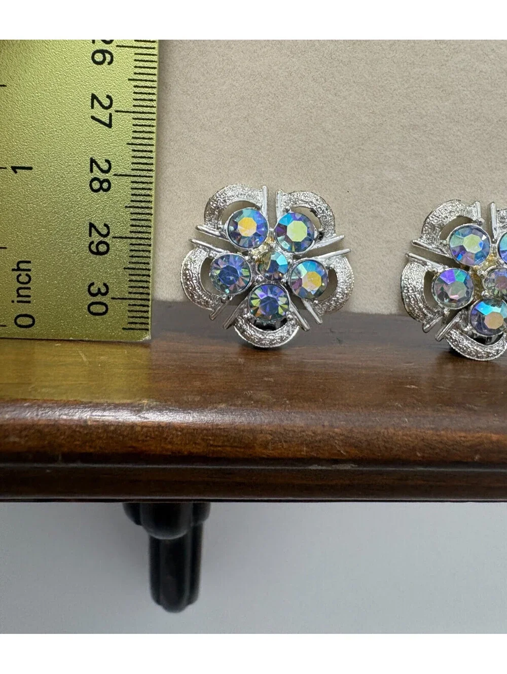 Vintage Coro Blue AB Rhinestone Silver Tone Flower Clip Earrings